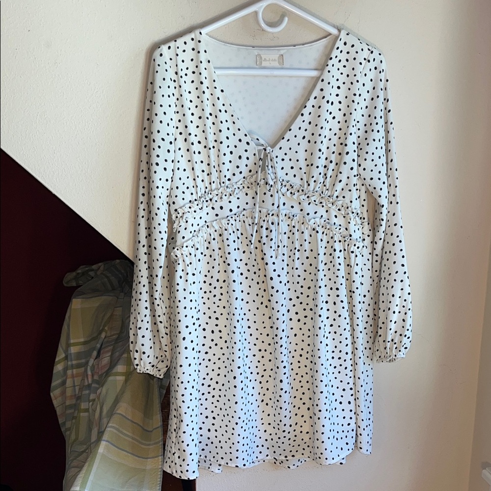 Alter’d State White Polka Dot Babydoll Gathered Sleeve Vee Neck Dress S
